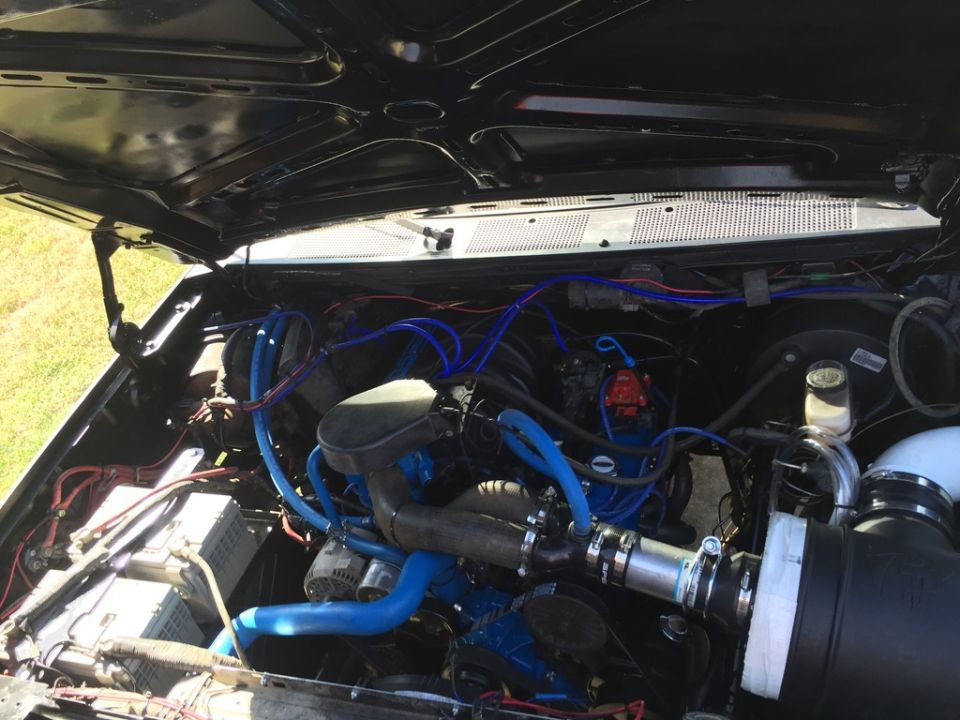 Engine bay with black hood open, blue hoses, and black air intake.