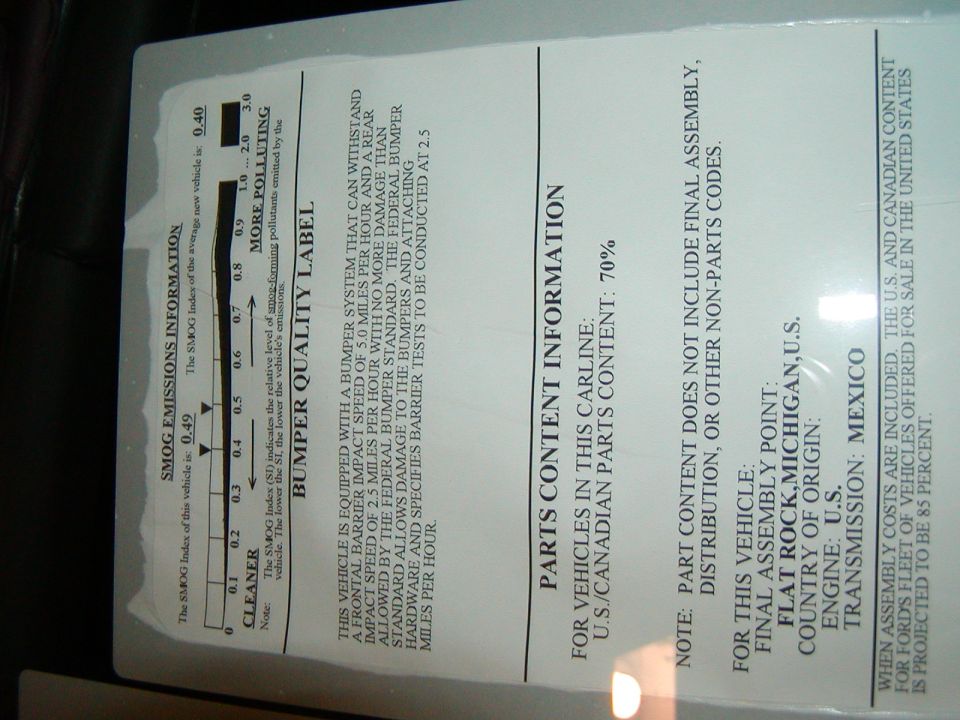 Window-sticker addendum with smog emissions index, bumper quality and parts content information