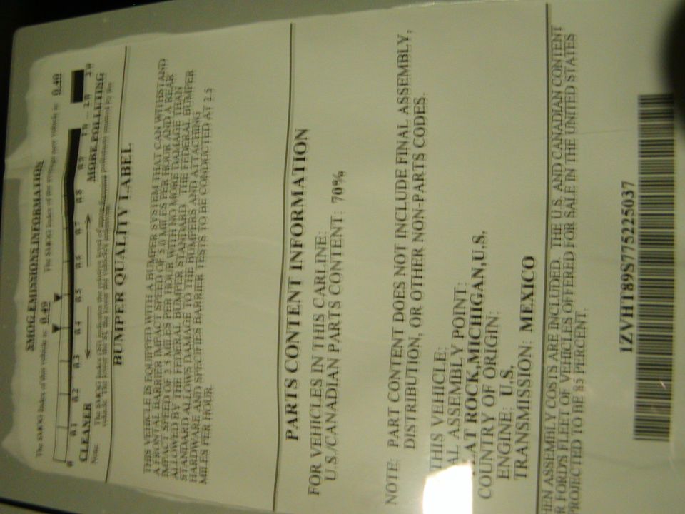 Window-sticker label with smog emissions index, bumper quality and parts content info plus VIN barcode