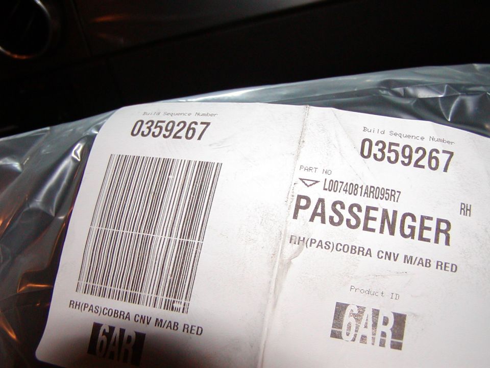 Ford factory parts build tag for RH passenger Cobra convertible seat, barcode and build sequence 0359267