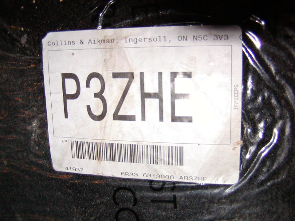 Label with 'P3ZHE' and barcode, also 'Collins & Aikman, Ingersoll, ON N5C 3V3'
