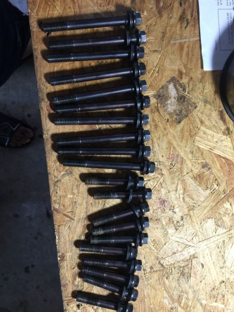 1989 Ford Bronco - A collection of engine bolts are laid out on a wooden workbench, ready for use.
