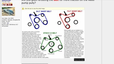 1989 Ford Bronco - Belt routing schematic comparing 84.5, 70.5 short and stock 5.0 serpentine belt paths around accessory pulleys.