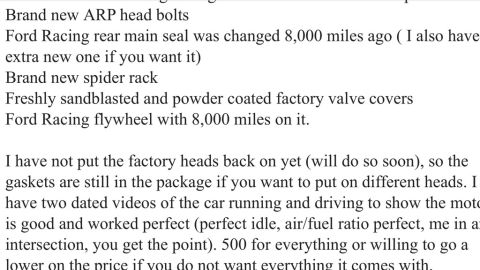 1989 Ford Bronco - A list of engine parts for sale, including ARP head bolts, Ford Racing rear main seal, spider rack, valve covers, and flywheel.