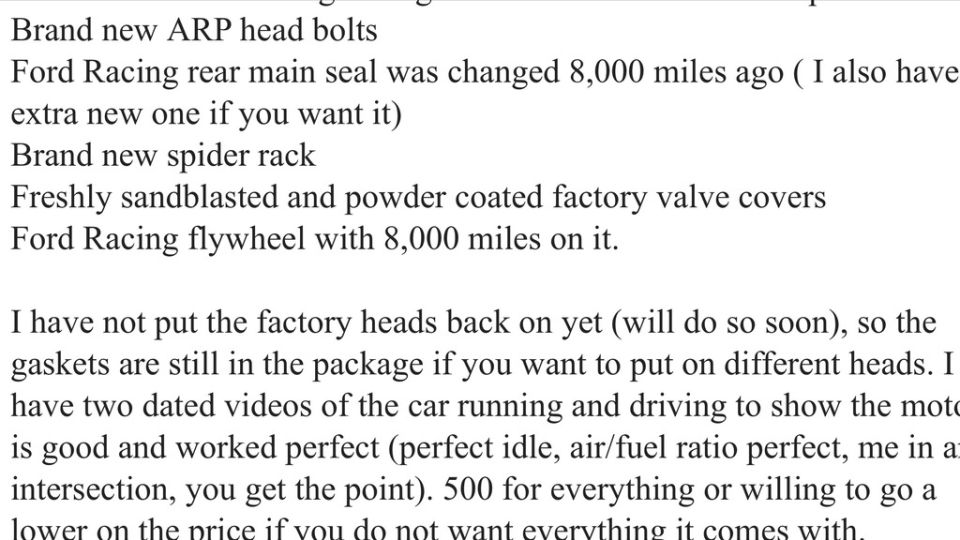 List of engine parts including ARP head bolts and Ford Racing flywheel