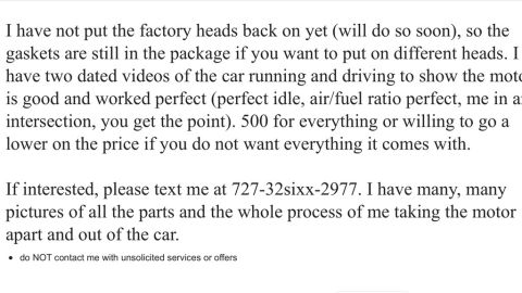 1989 Ford Bronco - A document details the sale of car parts, mentioning engine swaps and offering contact information.