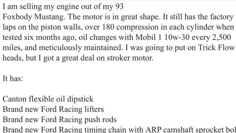 1989 Ford Bronco - List of engine parts for sale, including Ford Racing components and a Canton oil dipstick.