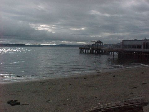 1991 Ford Bronco - A cloudy day over a beach scene with a pier and buildings in the distance.