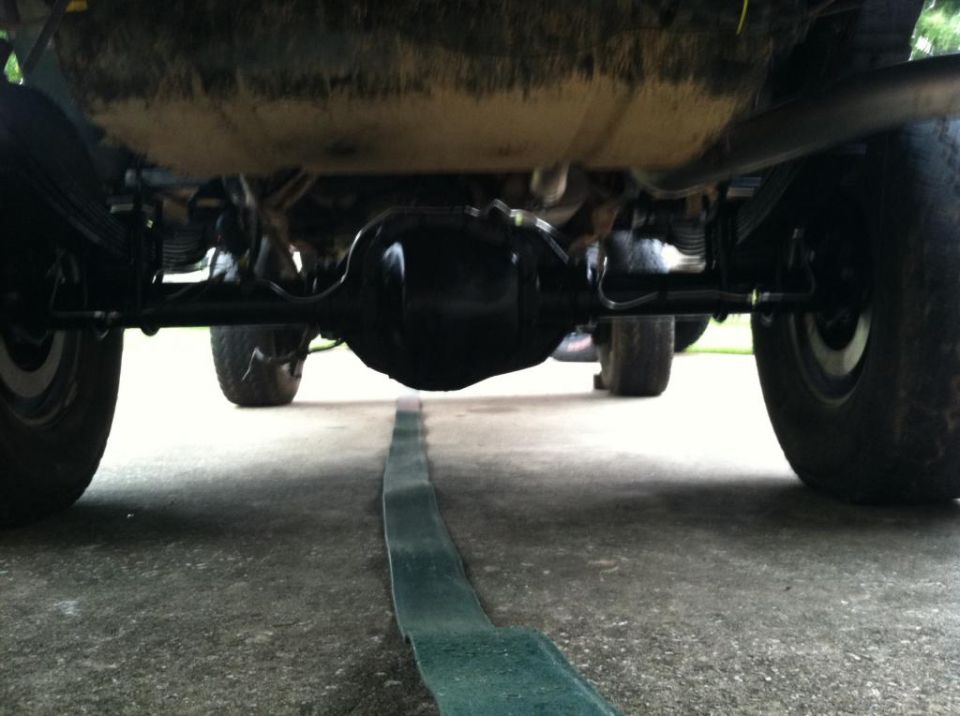 Low angle view of a vehicle's rear differential and suspension system.