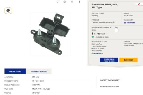 1994 Ford Bronco - NAPA web store product page for a Balkamp MEGA/ANN/ANL fuse holder, part BK 7821143, 250 amp, priced $11.49.