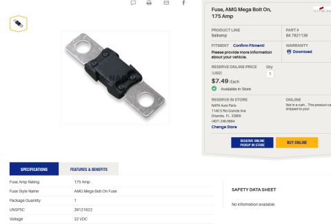 1994 Ford Bronco - NAPA web store product page for a Balkamp AMG Mega bolt-on fuse, part BK 7821139, 175 amp 32 VDC, priced $7.49.