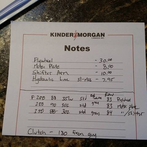 1984 Ford Bronco - A handwritten note lists vehicle parts and details for F250, 250, and 350 models.