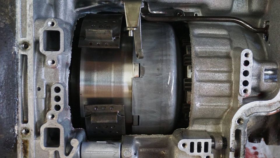 Close-up of a transmission's torque converter and clutch pack