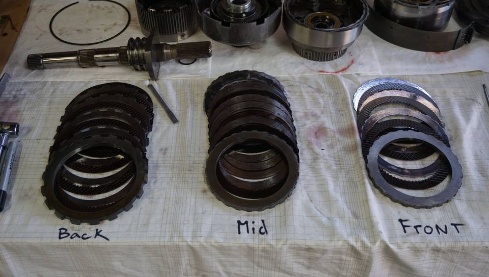 Transmission clutch plates labeled Back, Mid, and Front