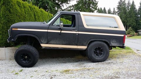 1984 Ford Bronco - A lifted black Ford Bronco with tan trim sits parked on a gravel surface next to a hedge.