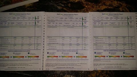 1984 Ford Bronco - Three printed AirCare vehicle emissions inspection report sheets showing test data and CO2 carbon dioxide calculations.