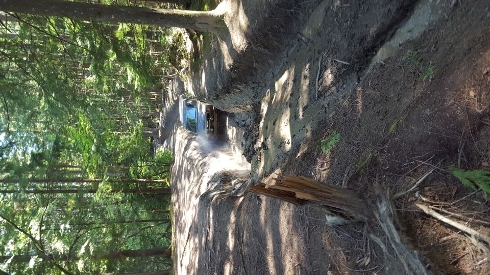 Off-road vehicle driving through a muddy, wooded trail
