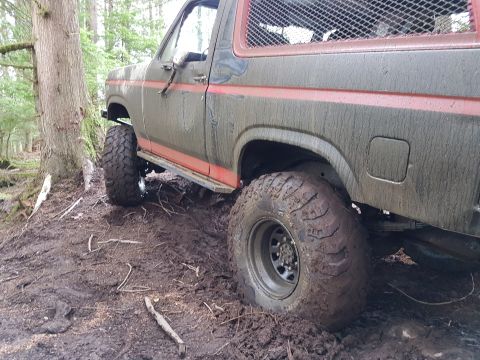 1984 Ford Bronco - This heavily muddied 1980s Ford Bronco is stuck off-road, its large tires digging into the wet ground.