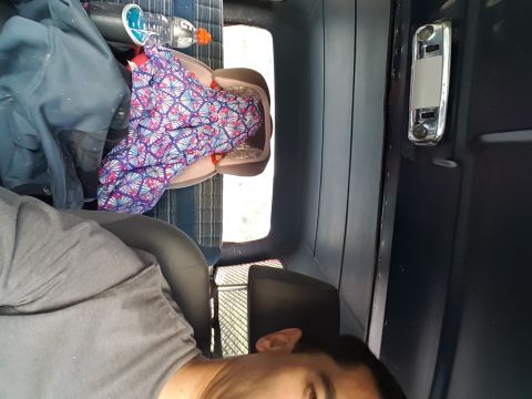 1984 Ford Bronco - Child seat and personal items inside a vehicle's interior.