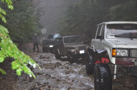 1984 Ford Bronco - Multiple off-road vehicles navigate a challenging, wet forest trail.