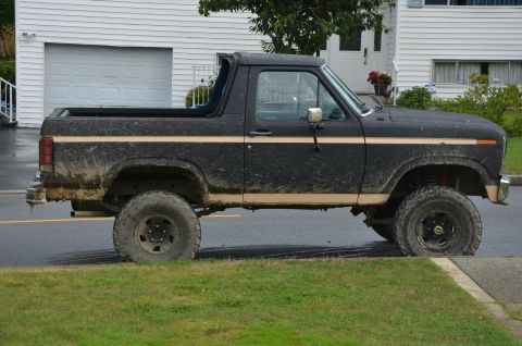 1984 Ford Bronco - Mud-covered black Ford Bronco with a tan stripe is parked on the side of a wet road.