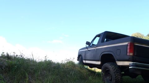 1984 Ford Bronco - SUV with a white stripe drives up a grassy incline under a clear blue sky.