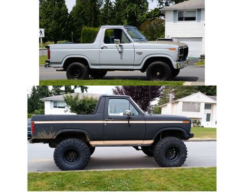 1984 Ford Bronco - Two Ford Broncos are shown side-by-side, one in light gray and the other in matte black with off-road tires.