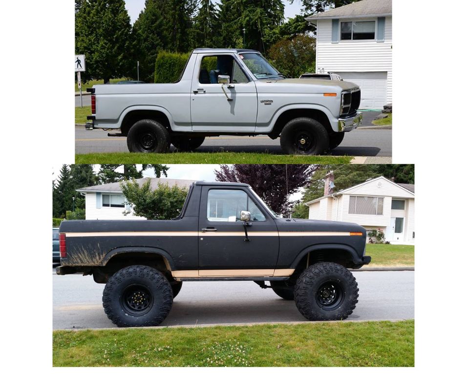 Two Ford Broncos, one light gray and one matte black with large tires, parked on a suburban street