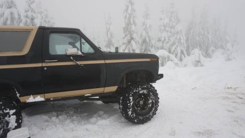 1984 Ford Bronco - A black and tan Ford Bronco sits in a snowy landscape with snow-covered trees in the background.