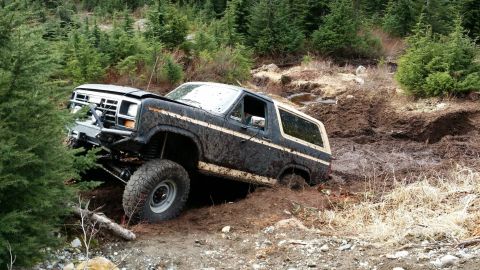 1984 Ford Bronco - This 1980s Ford Bronco is stuck deep in the mud while off-roading.
