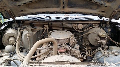 1984 Ford Bronco - The engine bay of a vehicle is covered in dirt and grime, obscuring details.
