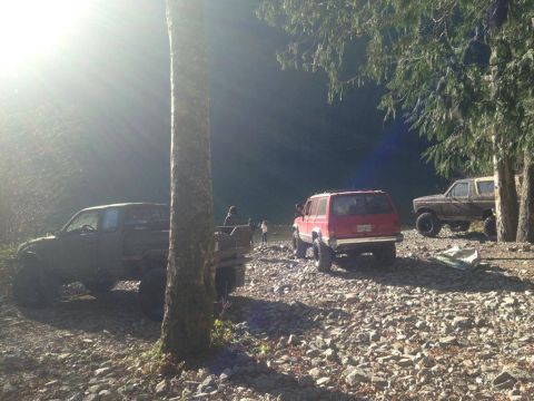 1984 Ford Bronco - A group of off-road vehicles are parked in a wooded area with a rocky ground.