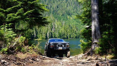 1984 Ford Bronco - A lifted Ford truck is parked at the edge of a lake surrounded by dense forest.
