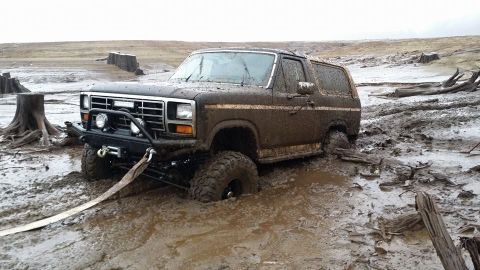 1984 Ford Bronco - Mud-covered 1980s Ford Bronco stuck in a muddy landscape with trees and debris.