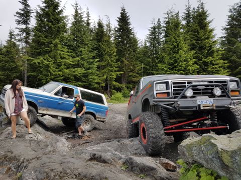 1984 Ford Bronco - Two Ford Broncos navigate a challenging rocky trail surrounded by dense forest.