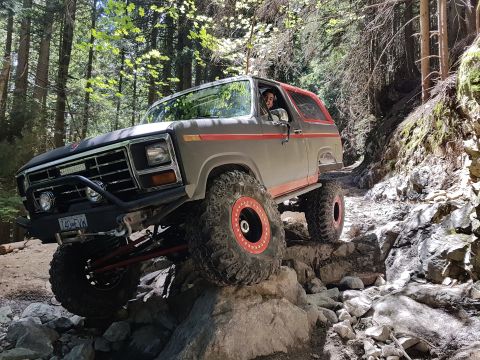 1984 Ford Bronco - This modified Ford Bronco is tackling a challenging, rocky path through a dense forest.