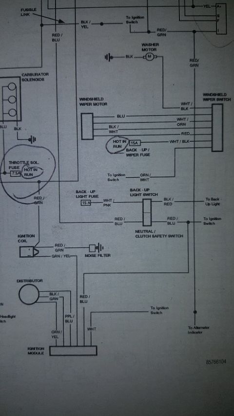1978 Ford Bronco - Automotive wiring diagram showing windshield wiper, washer, back-up light and ignition circuits with color-coded wire labels.