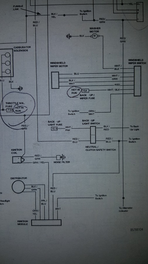 Wiring diagram for wiper, washer, back-up light and ignition circuits with color-coded wires