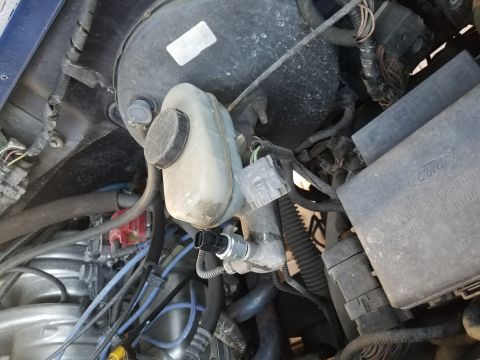 1994 Ford Bronco - Close-up view of engine bay components, including the brake fluid reservoir and fuse box.