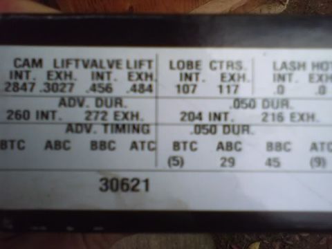 1989 Ford Bronco - Camshaft specification card showing lift, lobe centers, duration and timing values with part number 30621.