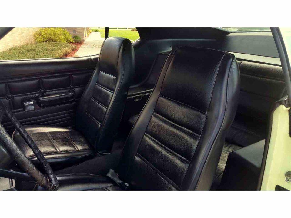 Black vinyl bucket seats and door panel inside a car