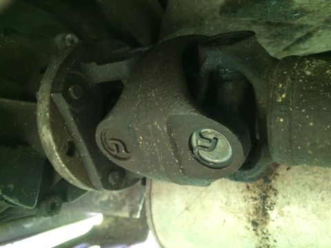 1993 Ford Bronco - Close-up view of a vehicle's driveshaft universal joint, indicating mechanical components.