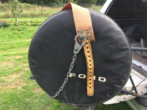 1993 Ford Bronco - Spare tire cover with Ford logo and metal chain strap is visible.