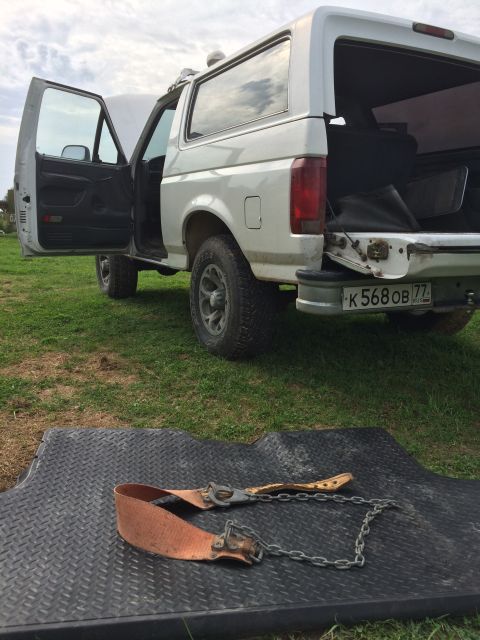 1993 Ford Bronco - A white SUV is parked outdoors with its doors open, ready for towing or transport.