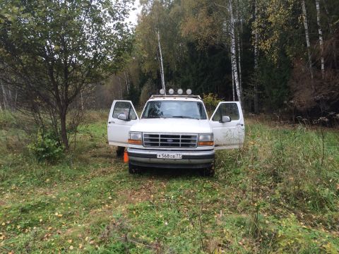 1993 Ford Bronco - White Ford F-Series truck with its doors open, parked in a grassy, wooded area with trees in the background.