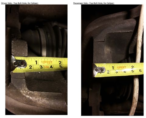 2000 Pontiac Grand Prix - Measurements of caliper bolt holes on the driver and passenger sides are shown with a tape measure.