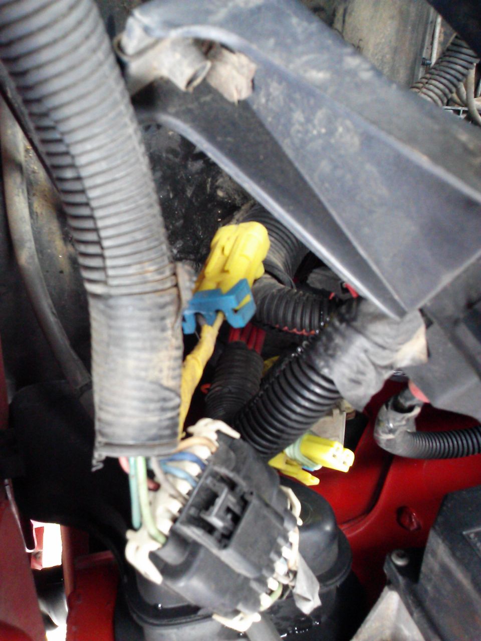 Close-up of yellow and blue electrical connectors in a vehicle's engine bay wiring harness