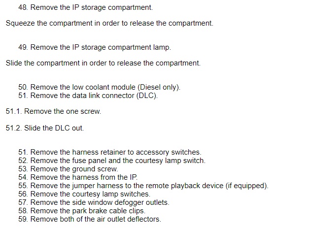 Service manual text steps 48-59 for IP storage compartment and harness removal
