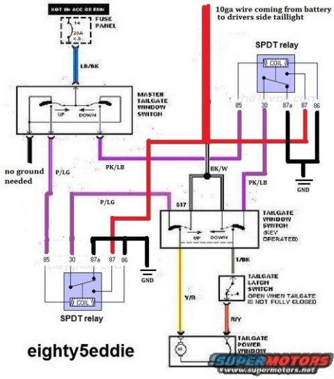 1994 Ford Bronco - Wiring diagram of the tailgate power window circuit showing SPDT relays, master and key switches, and color-coded wires.