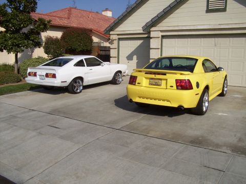 2002 Ford Mustang - Two Ford Mustangs, one yellow 2002 model and a white classic, are parked in a suburban driveway.